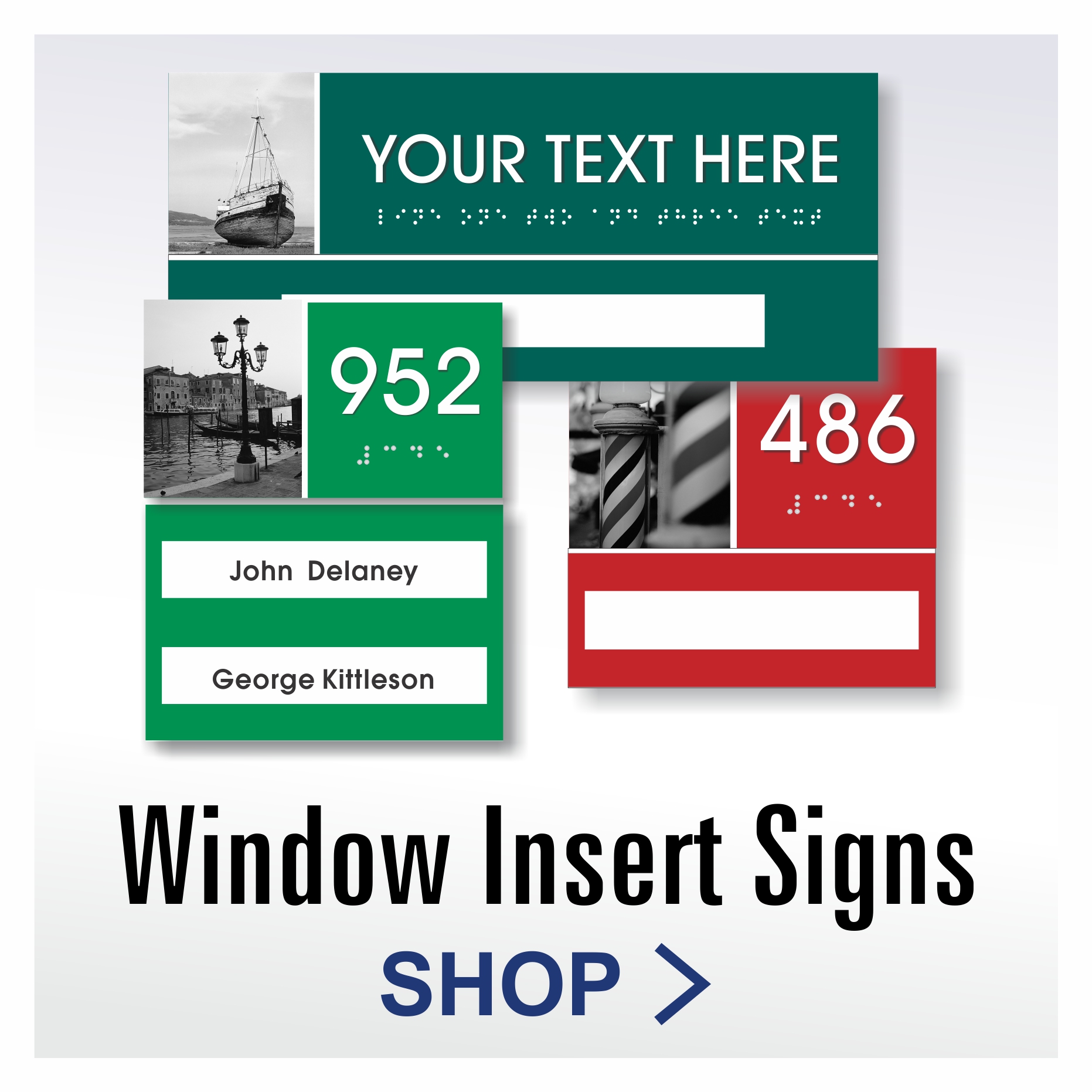 Vintage ADA window insert signs with coordinated historic graphics